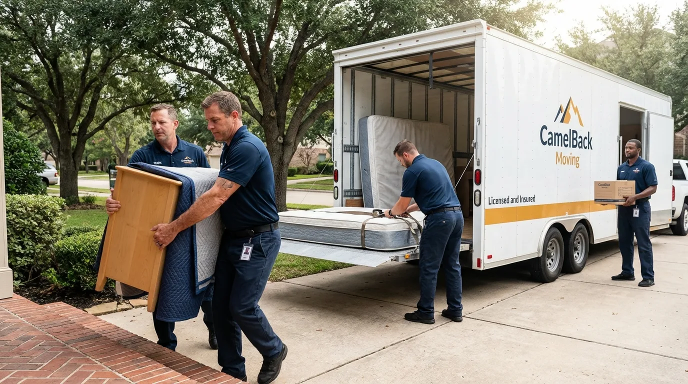Crew loading residential truck for cross-state move from Topanga, CA