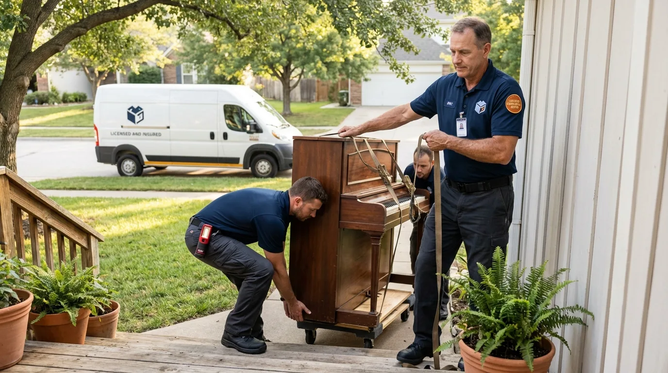 Licensed piano movers securing grand piano in Topanga, CA