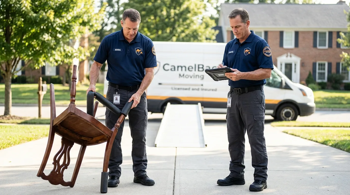Movers inspecting furniture for damage prevention before loading in Topanga, CA