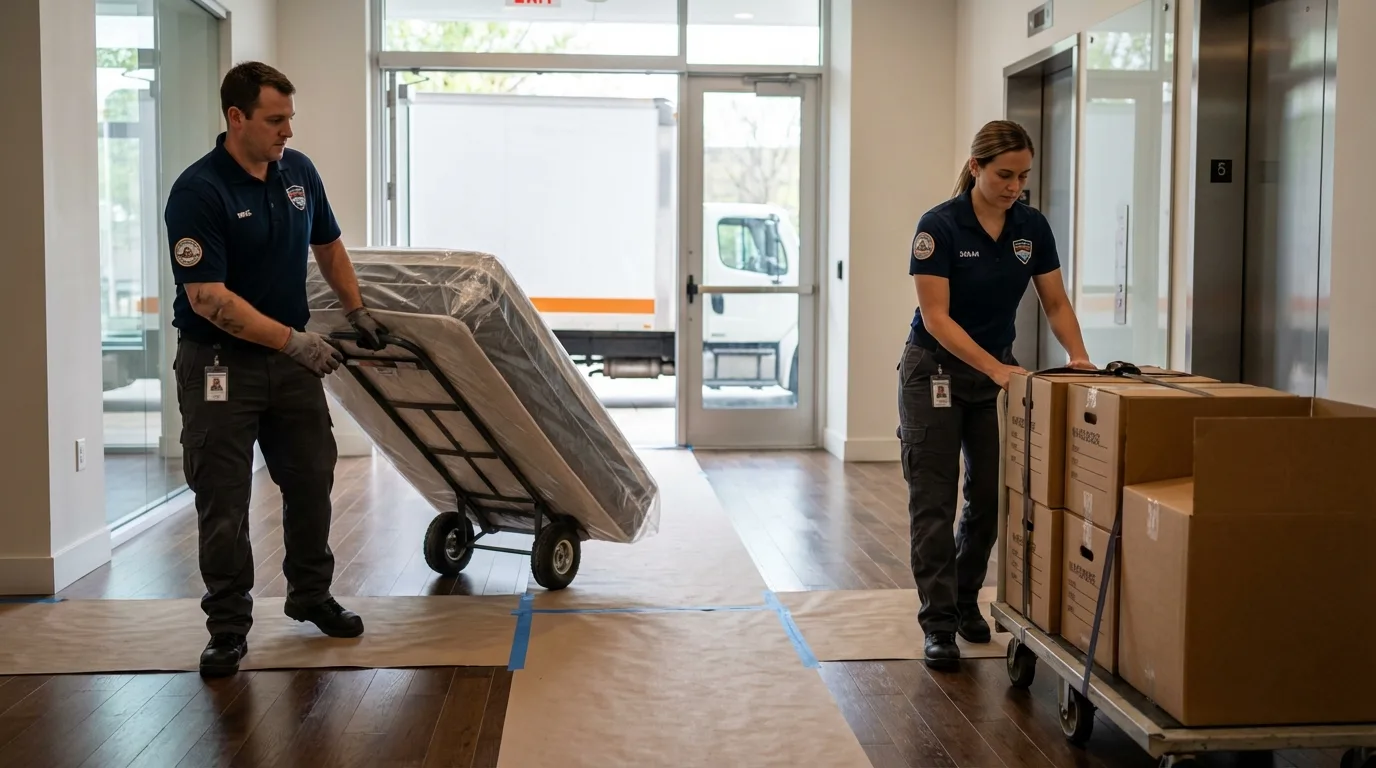 Professional apartment movers loading elevator in Topanga, CA